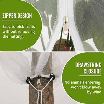 2 Pack Fruit Tree Netting Bags with Zipper and Drawstring, 6 x 6ft Ultra Fine Mesh Garden Netting Plant Cover, Bird Netting for Blueberry Bushes, Fruit Trees, Flowers (White, 6 x 6 ft)