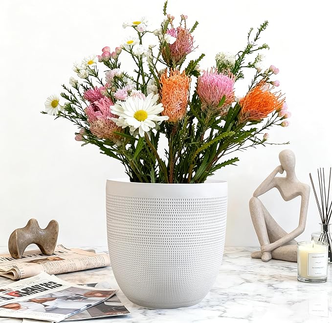 12" Dia Round Planter – White Matte Decorative Flower Pot with Drainage Hole, Lightweight Durable Indoor/Outdoor Plant Container for Home Patio Garden Porch, Modern Minimalist Design