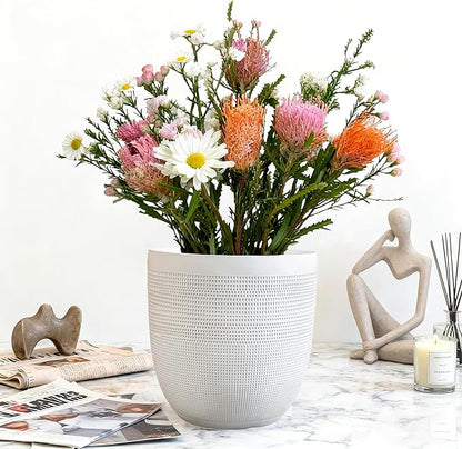 12" Dia Round Planter – White Matte Decorative Flower Pot with Drainage Hole, Lightweight Durable Indoor/Outdoor Plant Container for Home Patio Garden Porch, Modern Minimalist Design