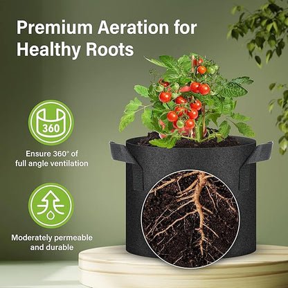 HealSmart 5 Gallon 5 Pack Plant Grow Bags, Tomoato Planter Pots with Handles, Aeration Nonwoven Fabric, Heavy Duty Gardening Planter for Vegetable, Herbs and Flowers, Black