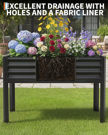 Large Raised Garden Bed with Legs, 48×24×32 in Galvanized Elevated Planter Box for Backyard, Patio, Balcony, 400lb Capacity, Black