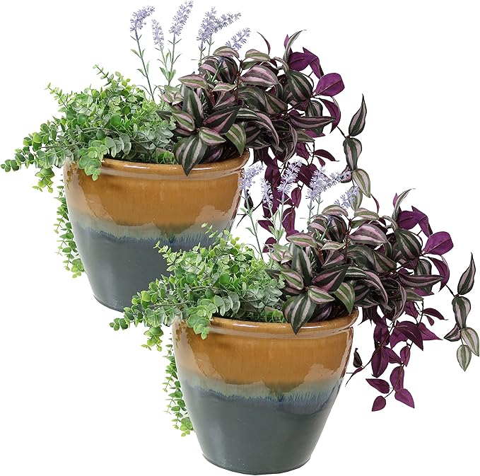 Sunnydaze Round Ceramic Planter - Set of 2 Indoor or Outdoor Plant Pots with Drainage Hole - Chalet - 12" - Forest Lake Green Glaze