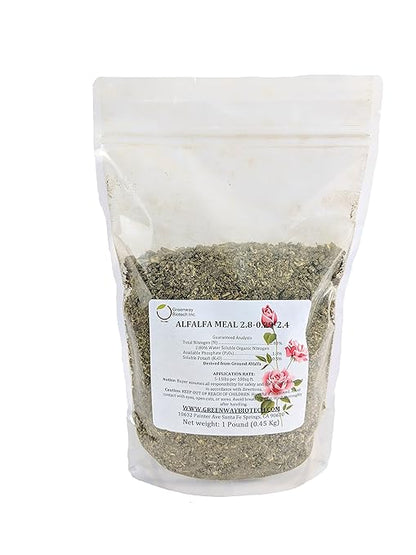 Greenway Biotech, Inc. Organic Alfalfa Meal Fertilizer 2.5-0-2.5 | Rose & Vegetable Plant Food with Triacontanol Growth Stimulant | Non-GMO, Phosphorus-Free | 1 Pound