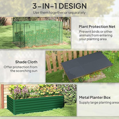 Outsunny 7.3 x 3.4 x 2 ft Galvanized Raised Garden Bed with Crop Cage Plant Protection Net and Shade Cloth Roof, Metal Planter Box with Cover for Vegetables, Flowers, Herbs, Green