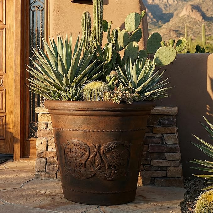Sunnydaze 19.5-Inch Arabella Large Plastic Pot for Plants - Outdoor Double-Walled Polyresin Large Plastic Planter with Drillable Drainage Holes - Rust - 4-Pack
