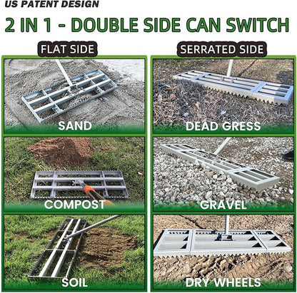 Lawn Leveling Rake, 2-in-1 Double Side can Switch, with 20pc Marking Flags to Mark Low Spot, Stainless + Powder-Coat, FLAT Level Soil/Dirt/Compost on Lawn, SERRATED Rake Dead Grass/Ruts/Gravel on Yard