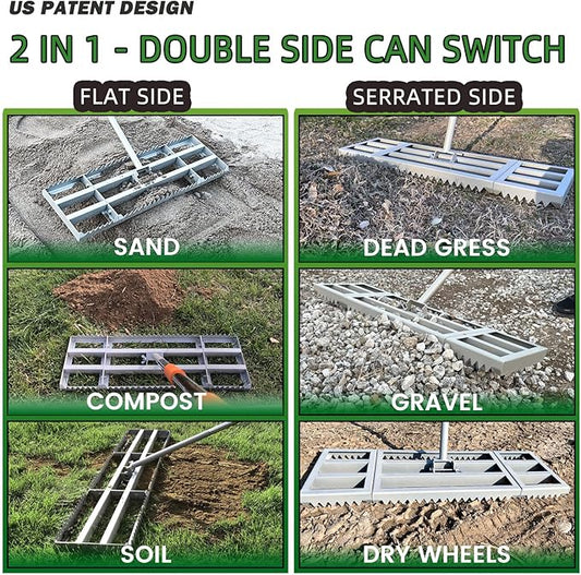 Lawn Leveling Rake, 2-in-1 Double Side can Switch, with 20pc Marking Flags to Mark Low Spot, Stainless + Powder-Coat, FLAT Level Soil/Dirt/Compost on Lawn, SERRATED Rake Dead Grass/Ruts/Gravel on Yard