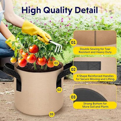 iPower 20-Pack 2 Gallon Grow Bags 300G Thick Nonwoven Aeration Fabric Pots Heavy Duty Plant Containers with Handles for Garden Planting, Tan