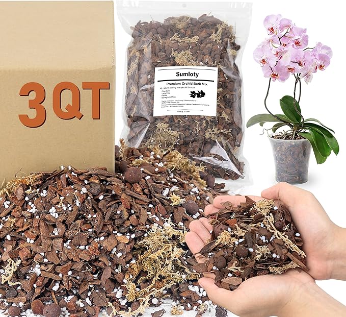 Orchid Bark Potting Mix 3QT - Orchid Soil Mix with Pine Bark, Perlite, Sphagnum Moss & Leca Clay, Fast-Draining Mix for Repotting Phalaenopsis & All Epiphytic Orchids, Indoor Orchid Mulch
