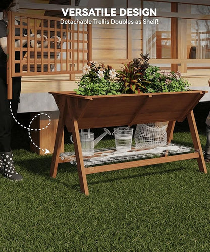 GarveeLife 52x30x54 Inch Tall Elevated Garden Bed with Legs, Standing Raised Planter Box with Climbing Trellis for Vegetables Flowers Herbs, Outdoor Wooden Standing Garden Bed-Brown