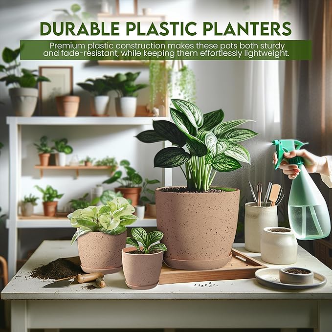 Utopia Home - Spotty Plant Pots Indoor with Drainage - 7/6.6/6/5.3/4.8 Inches Flower Pots - 5 Pack Plastic Planters - Ideal for Stocking Stuffers - (Speckled Peach Pink, Pack of 10)