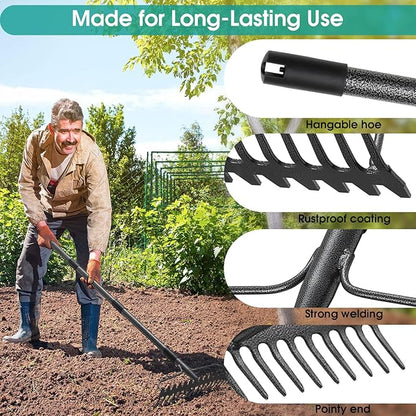 Garden Rake:63 Inch Metal Garden Leaf Rake with 17 Tines, Heavy Duty Bow Rakes for Lawn Yard Leaves Debris Mulch Gravel Thatch Clean,Lawn Care Gardening Landscaping