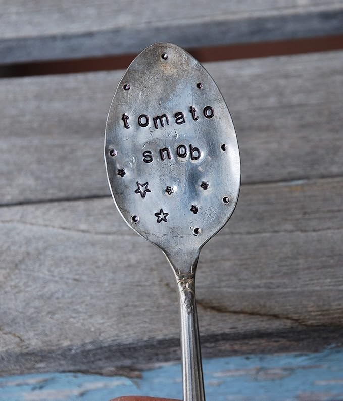 Tomato SNOB Garden Marker Stake Hand Stamped with Stars and Dots Recycled Spoon