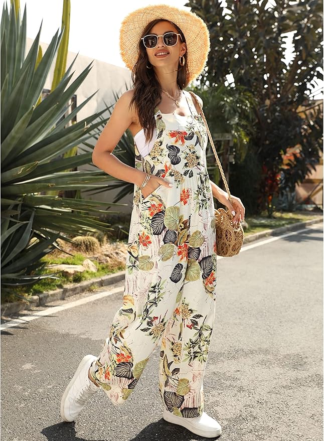 Fiona Jolin Overalls Women Summer Boho Floral Loose Wide Leg Jumpsuits with Pockets Patchwork Bib Overalls