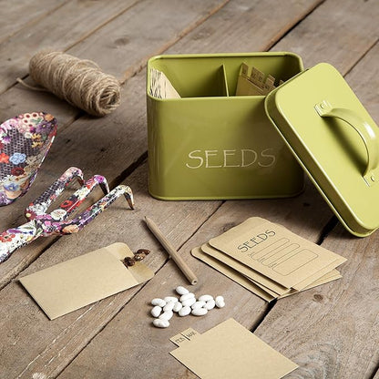 Katai Steel Seed Storage Box Organiser in Green. Compact Seed Packet Container with Lid Complete with Monthly Dividers, 20 Envelopes and Pencil