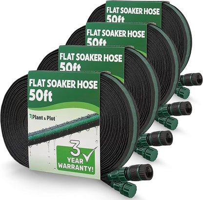 Flat Soaker Hose 200ft (50ft 4-Pack) for Garden // Drip Hose for Garden Beds, Lawns and Trees // Heavy Duty Leakproof Design with Quick Connect // Linkable Irrigation System for Vegetables and Flowers