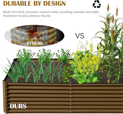 Domi 8x4x2ft Metal Raised Garden Beds Outdoor, Thickened Galvanized Steel Deep Root Planter Box with Stabilizing Bars & Rubber Edging for Vegetables, Flowers, Herbs - Brown