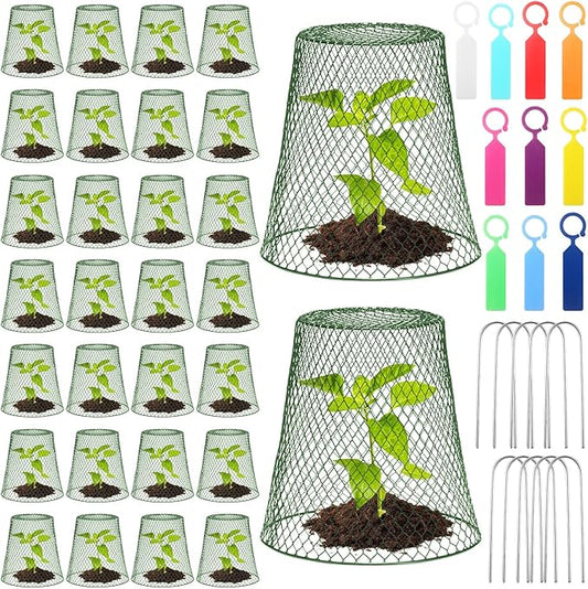 Geosar 30 Pcs 9 inch Chicken Wire Cloche Plant Protector Cover Metal Garden Cloche Dome for Plants Chicken Wire Protection Basket with Garden Stakes for Avoiding Rabbit Bird Small Animals Eat (Green)