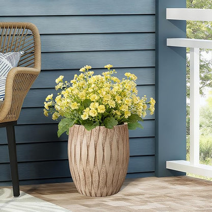 12" H x 9" Dia Weathered Concrete Planter, Large Indoor Outdoor Decorative Flower Pot with Drainage Hole, Modern Round Design for Home, Garden (Small)