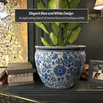 Red Lantern Large 20" Porcelain Fishbowl Blue & White Floral Planter or Cachepot for Indoor/Outdoor Use in Garden Entryway Living Room Boho Eclectic Modern Contemporary Classic Traditional Style Decor