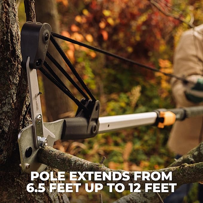WOODLAND TOOLS 12 Foot Tree Pruner – Extendable Pole Pruner with Bypass Cutting Head, Saw Blade, Double Lock System, Fiberglass and Aluminum Poles, Cord Management, Compound Pulley System