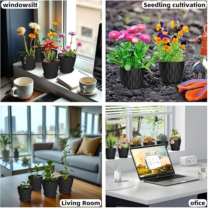 16 Pack 4 Inch Plastic Planter Pots with Tray, Heavy Duty Indoor Outdoor Planter Pots with 48 Drainage Holes for Herbs, Succulents, Seedlings, Flowers Durable and Lightweight Black