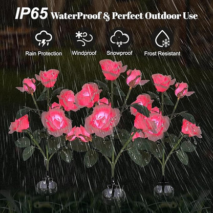 Solar Rose Lights Outdoor, 2 Pack with 14 Rose Flowers Waterproof Color Changing LED Flower Lights, Solar Powered Garden Stakes for Yard, Patio, Pathway Decor - Artificial Floral Decorative Lighting