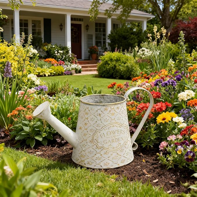 Vintage White Metal Flower & Garden Watering Can, Rustic Farmhouse Decorative Watering Pot Planter for Home Patio Backyard Outdoor Plant Care