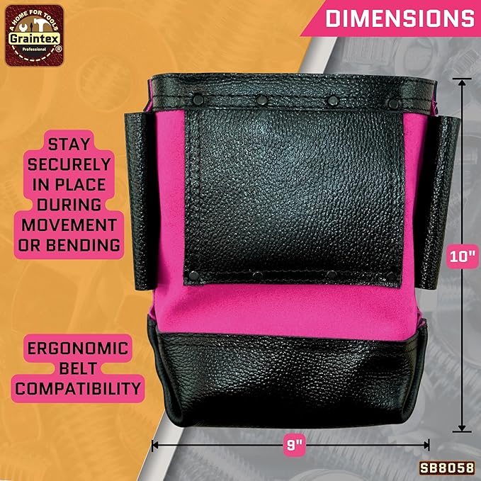 Graintex Nut & Bolt Bag, Pink Color Premium Quality Suede Leather Tool Bag, Tool Belt for Ironworker Tools, Bull Pin Loops, Ideal for Heavy-Duty Use, Bolt Bags for Construction Professionals - SB8058