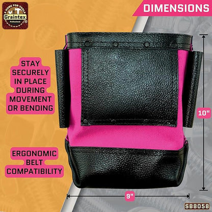 Graintex Nut & Bolt Bag, Pink Color Premium Quality Suede Leather Tool Bag, Tool Belt for Ironworker Tools, Bull Pin Loops, Ideal for Heavy-Duty Use, Bolt Bags for Construction Professionals - SB8058