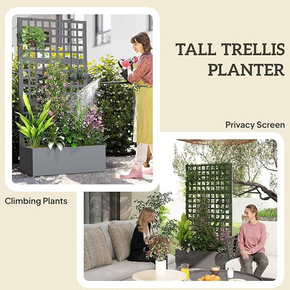 Outsunny Galvanized Raised Garden Bed with Trellis, Metal Planter Box with Drainage Holes, Outdoor Privacy Screen for Climbing Plants, Vegetable, Vines, 35" x 16" x 70", 2 Pack, Gray Wood Effect