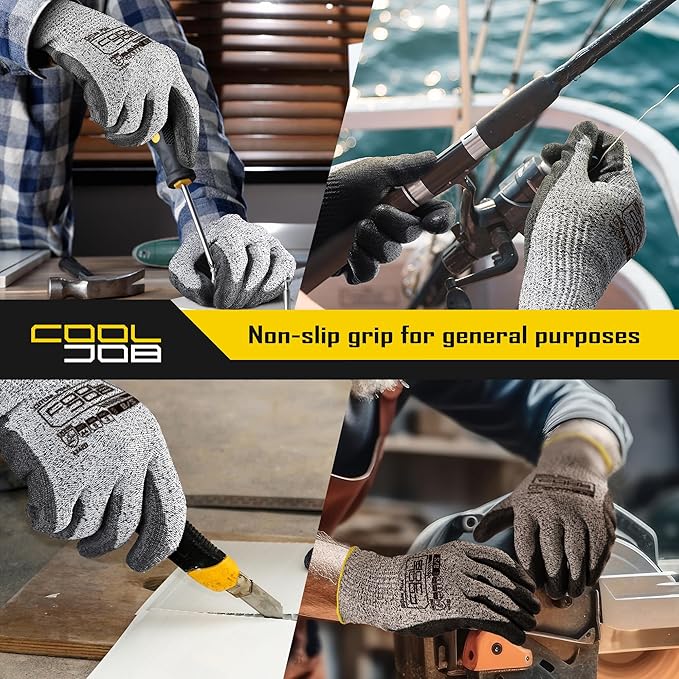 COOLJOB 12/120 Pairs Cut Resistant Safety Work Gloves with Grip, 13 Gauge Seamless Shell with PU Coating, ANSI A2 A4 A6, Gray