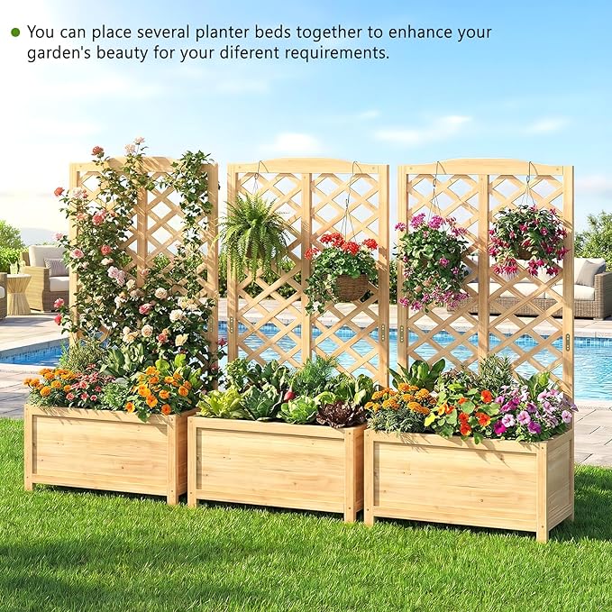 DoCred 2PCS 30" L x 16" W x 59" H Raised Garden Bed, Freestanding Elevated Planter Box with Trellis for Climbing Plants, Outdoor Wooden Privacy Screen with Garden Box for Backyard Patio Balcony Decor