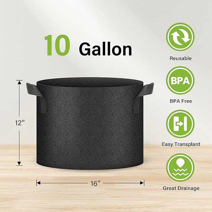 HealSmart Plant Grow Bags 10 Gallon, Tomoato Planter Pots 5-Pack with Handles, Aeration Nonwoven Fabric, Heavy Duty Gardening Planter for Vegetable, Herbs and Flowers, Black