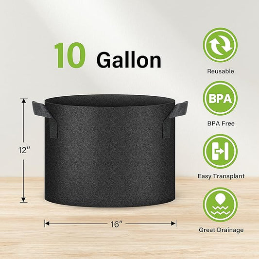 HealSmart Plant Grow Bags 10 Gallon, Tomoato Planter Pots 5-Pack with Handles, Aeration Nonwoven Fabric, Heavy Duty Gardening Planter for Vegetable, Herbs and Flowers, Black