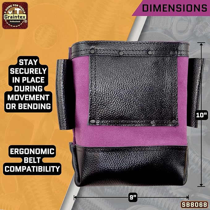 Graintex Nut & Bolt Bag, Purple Color Premium Quality Suede Leather Tool Bag, Tool Belt for Ironworker, Bull Pin Loops, Ideal for Heavy-Duty Use, Bolt Bags for Construction Professionals - SB8068