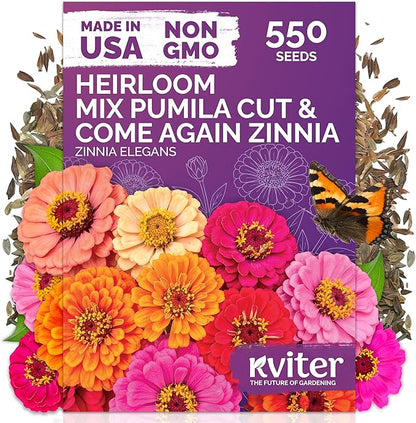 KVITER 550 Cut and Come Again Zinnia Seeds for 2026 (Zinnia elegans) — Pumila Double Blooms Zinnia Mix, Heirloom & Non GMO — Ideal Cut Flower Seeds for Planting in Garden, Containers, Cutting Beds