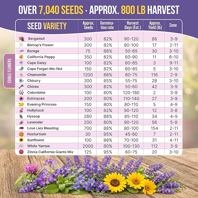 Organo Republic 20 Edible Flower Seeds Variety Pack- Indoor/Outdoor. 7000+ Non-GMO Heirloom: Borage, Bergamot, Nasturtium, Chives, Cape Daisy, Hyssop, Zinnia Seeds & More