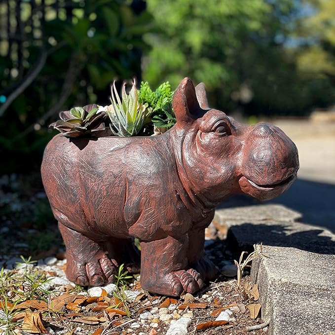 Zeckos Charming Brown Hippo MGO Planter with Drain Hole, 17 inches - Durable Weatherproof Magnesium Oxide for Garden or Patio Decor - Whimsical Animal Theme Planter, Perfect for Indoor/Outdoor Use