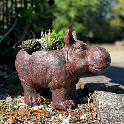 Zeckos Charming Brown Hippo MGO Planter with Drain Hole, 17 inches - Durable Weatherproof Magnesium Oxide for Garden or Patio Decor - Whimsical Animal Theme Planter, Perfect for Indoor/Outdoor Use