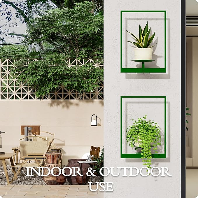 Green Metal Wall Plant Holder - 2-Pack Wall Mounted Plant Stands and Hanging Holders for Indoor Planter and Flower Pot -Rectangle Decor Shelf for Plant Storage (Pot Not Included)