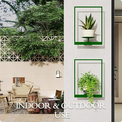 Green Metal Wall Plant Holder - 2-Pack Wall Mounted Plant Stands and Hanging Holders for Indoor Planter and Flower Pot -Rectangle Decor Shelf for Plant Storage (Pot Not Included)