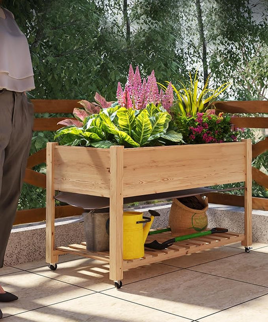 48x24x30in Raised Garden Bed with Wheels,Elevated Raised Planter Box Outdoor for Growing Vegetables and Herbs,Sturdy Wooden Raised Table Garden Bed with Legs-Enhanced Depth,Natural