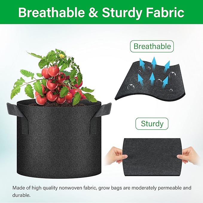 YSSOA 10-Pack 5 Gallon Grow Bags, Tomoato Plant Pots with Handles, Aeration Nonwoven Fabric, Heavy Duty Gardening Planter for Vegetable, Fruits and Flowers, Black