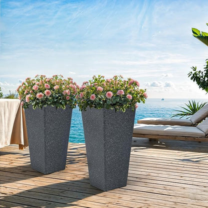 28" Plant Pots Tall Planters for Plants Outdoor Set of 2 Plastic Planter Pot Large Flower Pots Indoor Weather-Resistant for Patio, Porch, Garden, Front Door Christmas Decor Terrazzo Black