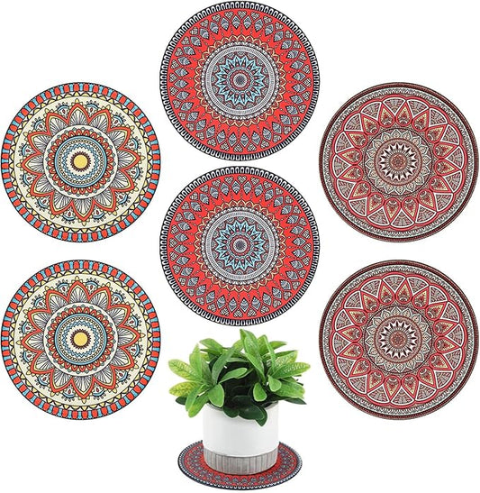 Nuanchu 6 Pcs Boho Plant Pot Mat Absorbent Non Slip Pot Plant Pad Round Plant Coaster Mat Gardening Indoor Outdoor Flower Plant Protect Mat for Table Desk Floor Plant, 5.9 Inches (Elegant Style)
