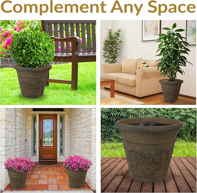 Sunnydaze 19.5-Inch Arabella Large Plastic Pot for Plants - Outdoor Double-Walled Polyresin Large Plastic Planter with Drillable Drainage Holes - Sable - 2-Pack
