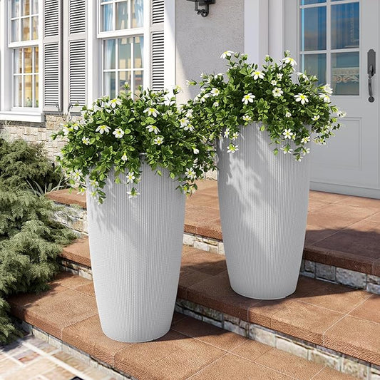22" Tall Planter Set of 2, Large Self Watering Pots for Indoor/Outdoor Plants with Drain Holes, Water Level Monitor, Inner Bucket for Front Porch Patio, White Rattan Conical