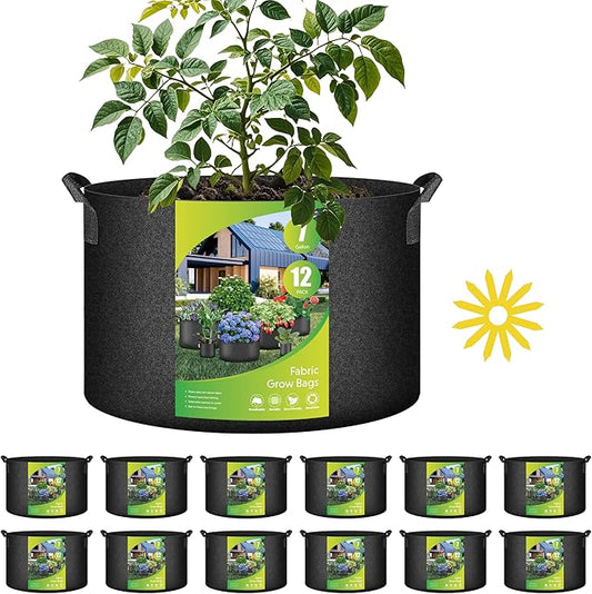 HealSmart 7 Gallon 12 Pack Nonwoven Grow Bags, Aeration Fabric Pots with Handles, Heavy Duty Garden Grow Pots for Tomato Vegetables Flowers, 12 Plant Labels, Black
