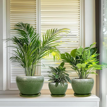 Ceramic Pots for Plants, 10+8+6 Inch Round Decorative Planters for Indoor Outdoor with Drainage Holes and Saucers, Office Garden Room Patio Decor, Gifts for Plant Lovers, Set of 3, Green
